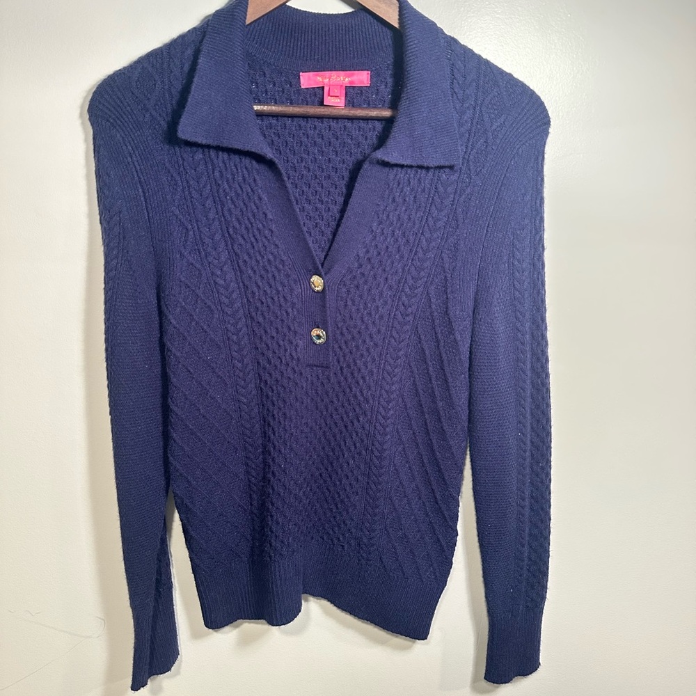 Lilly Pulitzer Women’s Navy Lizona Cable Knit Polo Sweater